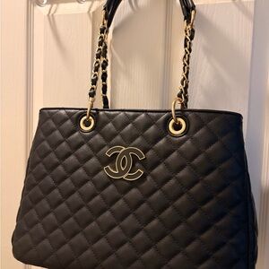 Quilted Black Leather Shoulder Bag with Gold Hardware